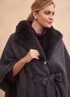 Faux Fur Collar Belted Poncho