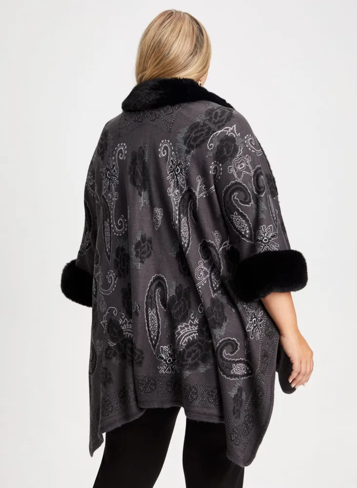 Paisley Print Faux Fur Poncho