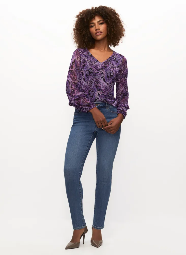 Paisley Print V-Neck Mesh Top