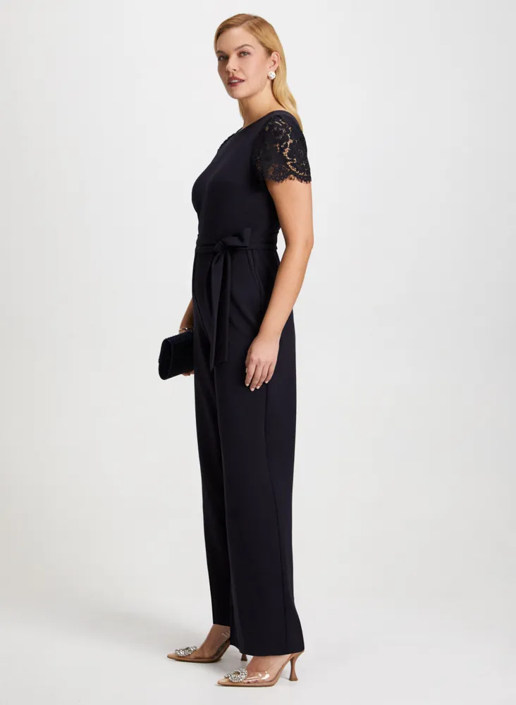 Lace Sleeve Belted Jumpsuit
