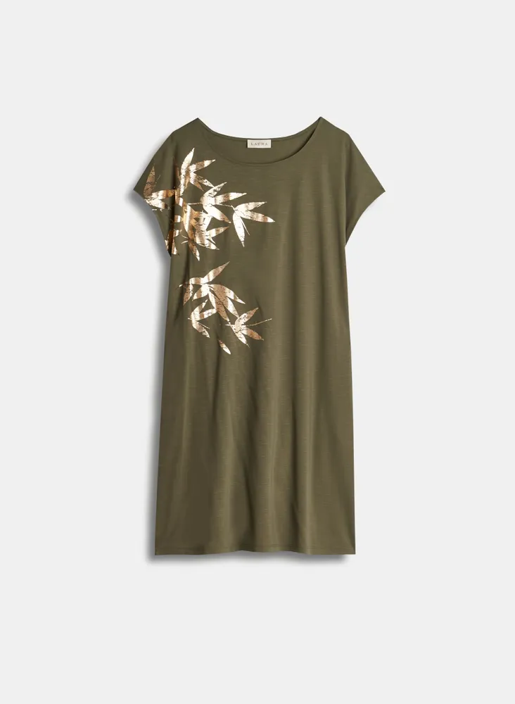 Metallic Leaf Print T-Shirt Dress