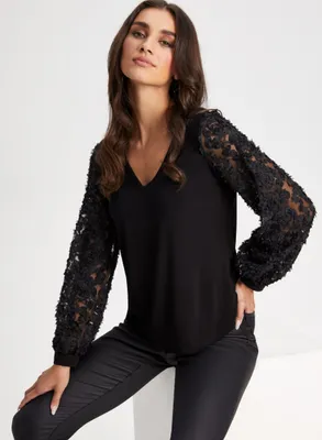 Embroidered Bouffant Sleeve Top
