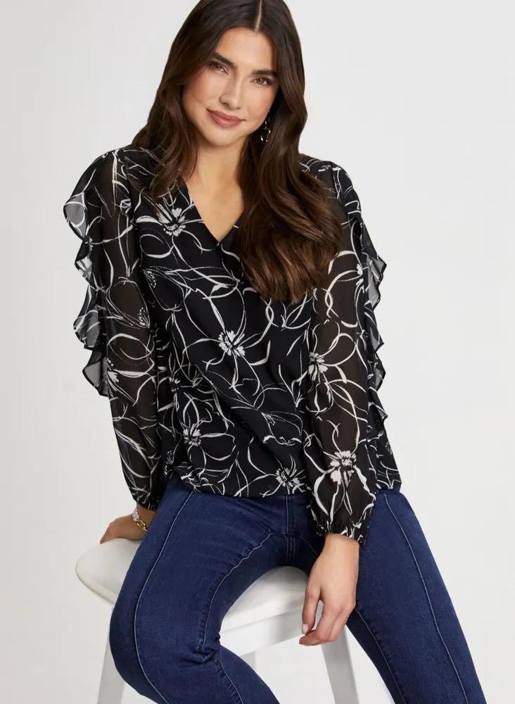 Floral Print Ruffle Sleeve Blouse