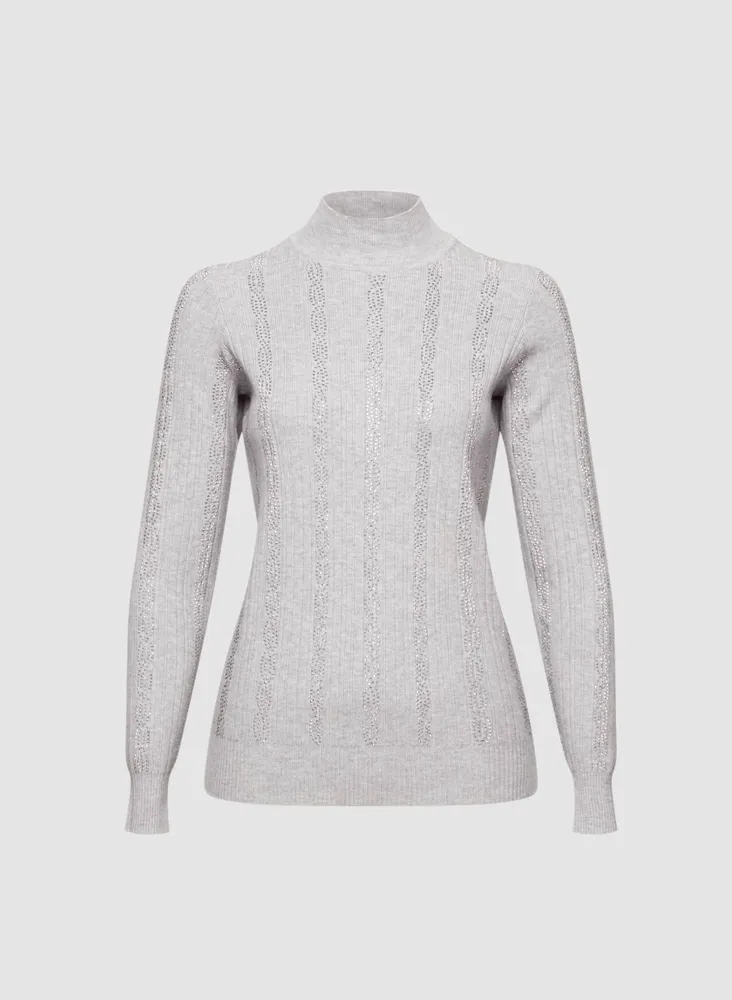 Rhinestone Embellished Mock Neck Sweater