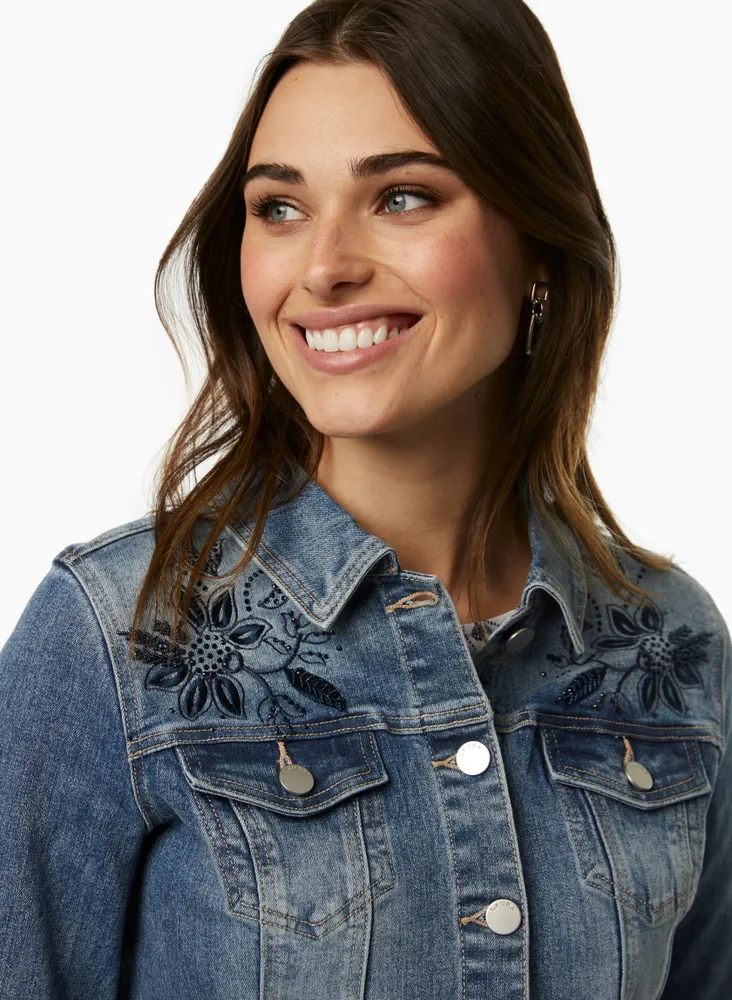 Embroidered Button Front Denim Jacket