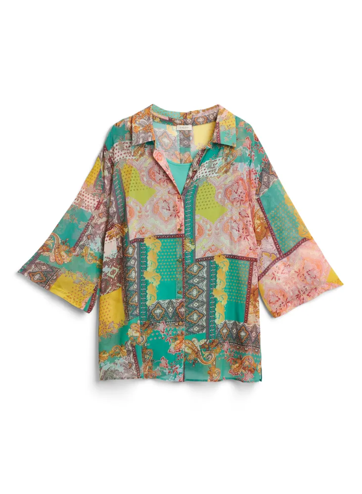 Patchwork Print Button-Up Blouse