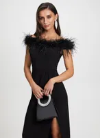 Feather Trim Off-the-Shoulder Dress