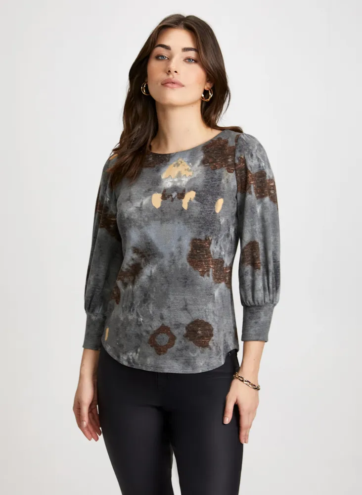 Marble Motif Bouffant Sleeve Top