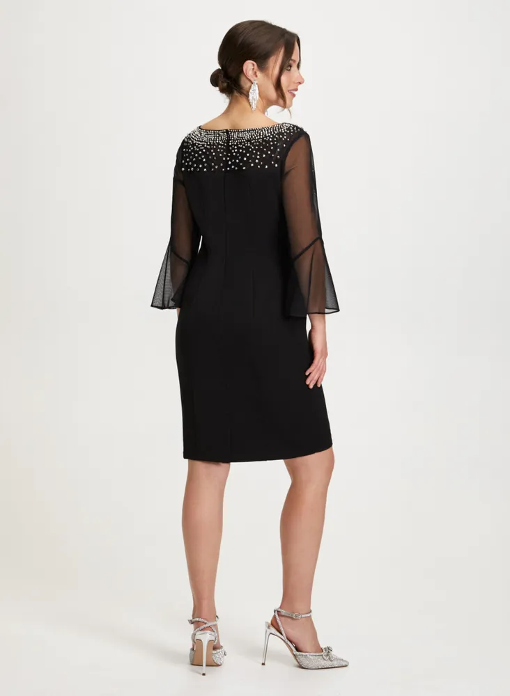 Beaded Neckline Mesh Sleeve Dress