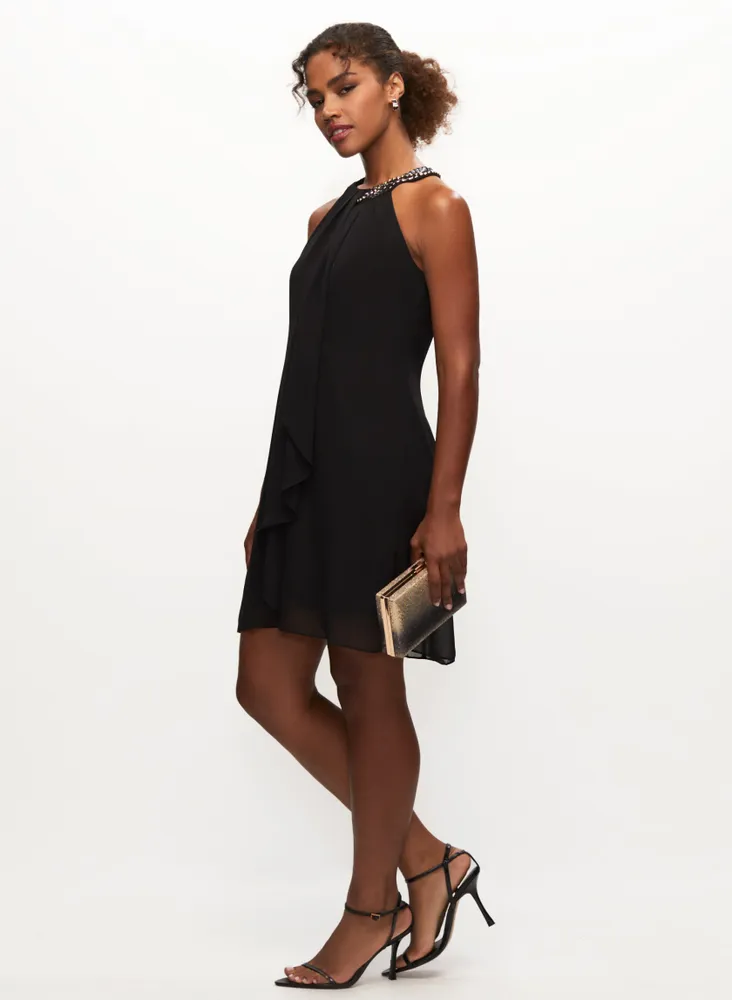 Cascading Ruffle Bead Neck Dress