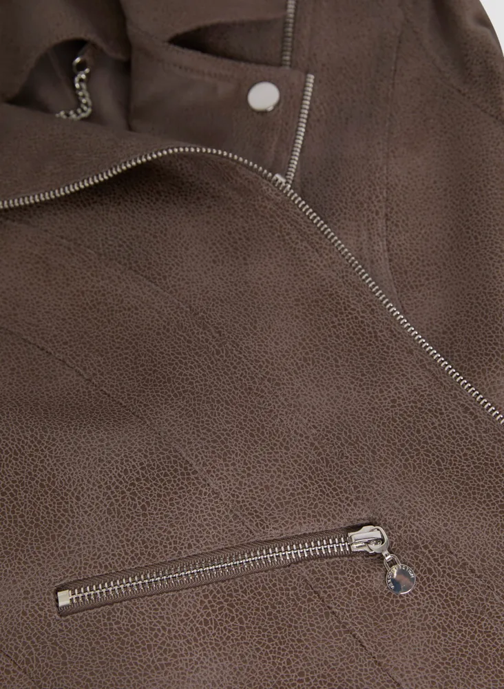 Zip & Snap Detail Faux Suede Jacket