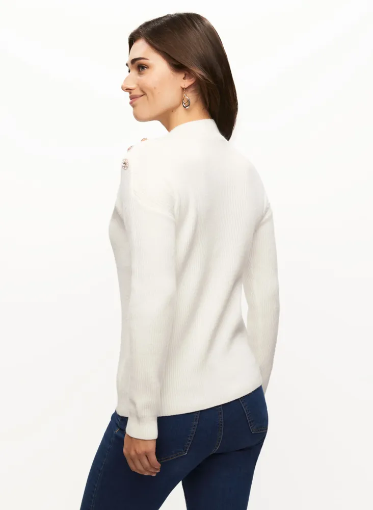 Jewelled Button Mock Neck Sweater
