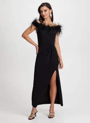 Feather Trim Off-the-Shoulder Dress