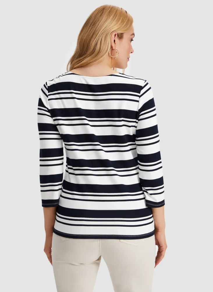 3/4 Sleeve Stripe Motif Top