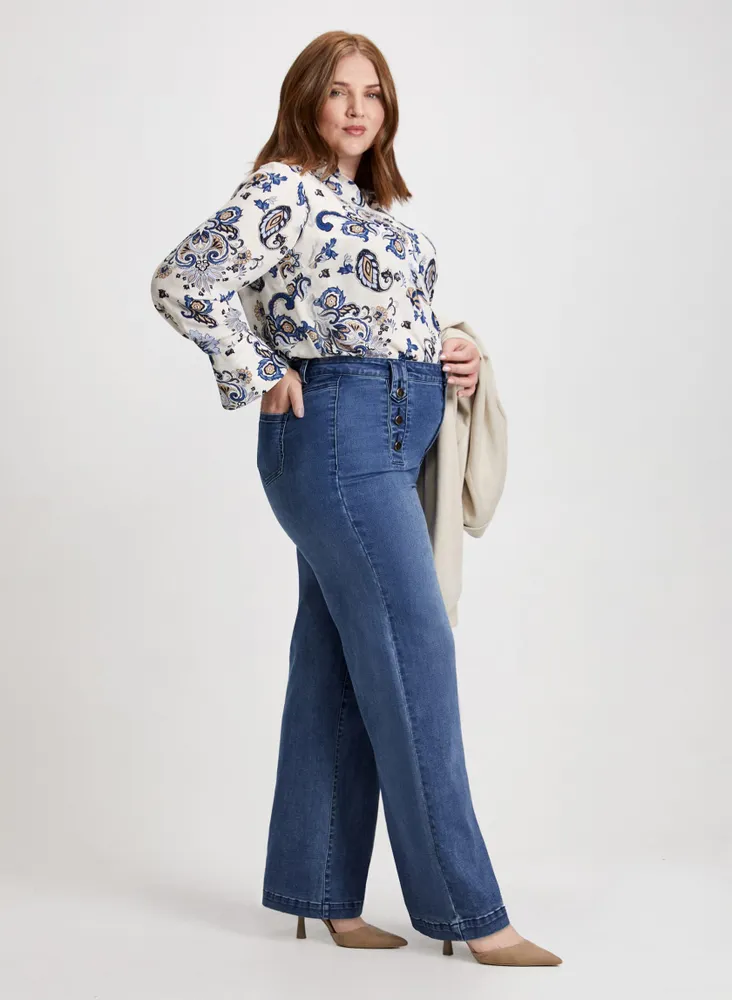 Button Detail Wide Leg Jeans