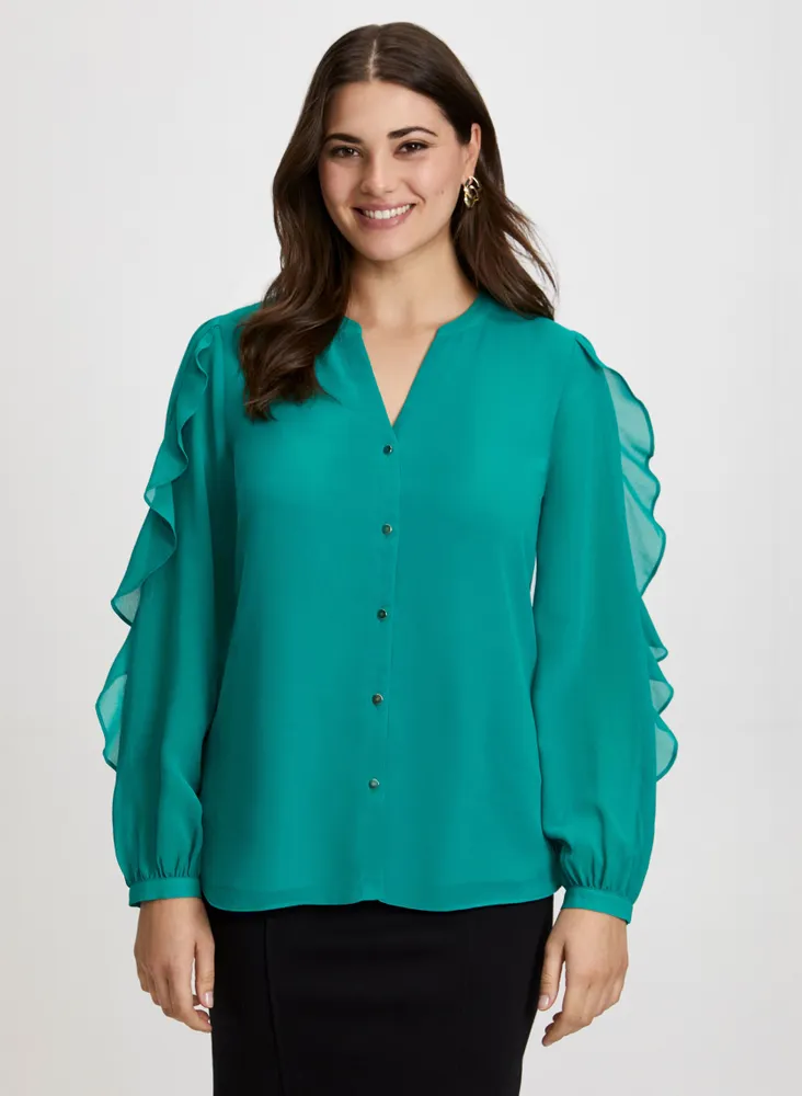 Split Neck Ruffle Sleeve Blouse