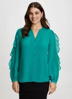 Split Neck Ruffle Sleeve Blouse