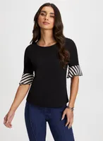 Stripe Cuff Crew Neck Top