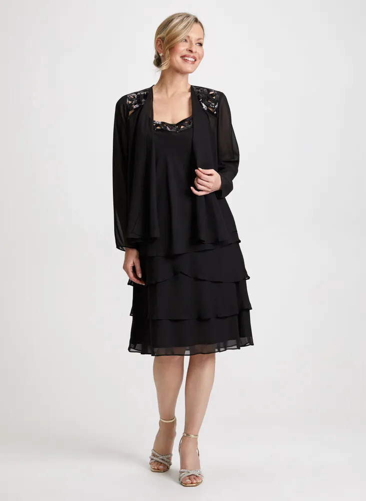 Sequin Trim Chiffon Dress & Jacket Set