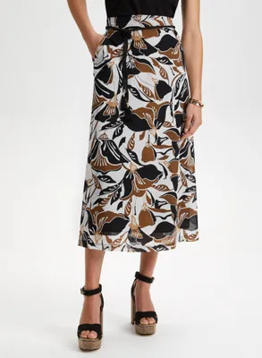 Leaf Print Pull-On Maxi Skirt