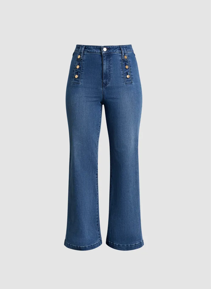 Button Detail Wide Leg Jeans