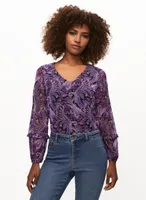 Paisley Print V-Neck Mesh Top