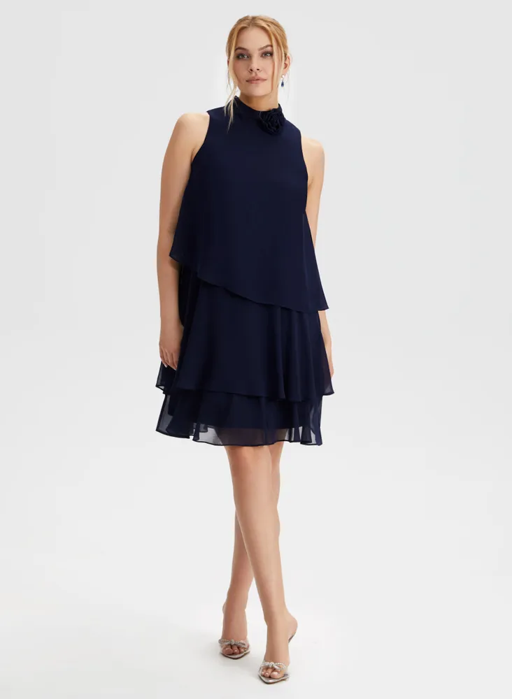 Layered Chiffon Mock Neck Dress