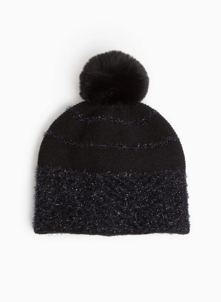 Metallic Detail Pompom Hat