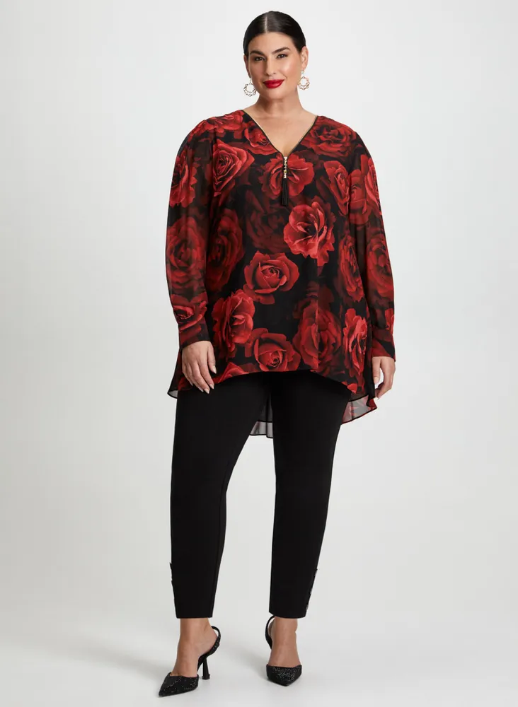 Zip Front Floral Print Blouse