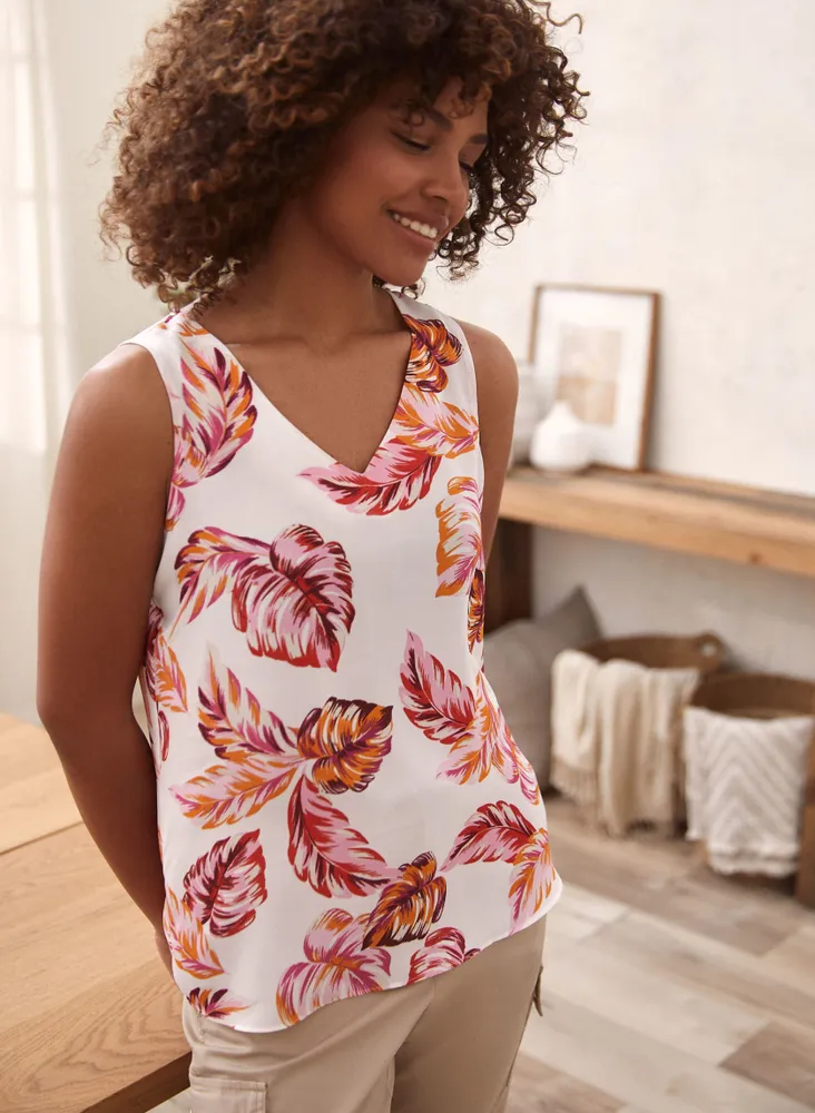 Palm Leaf Print Sleeveless Blouse