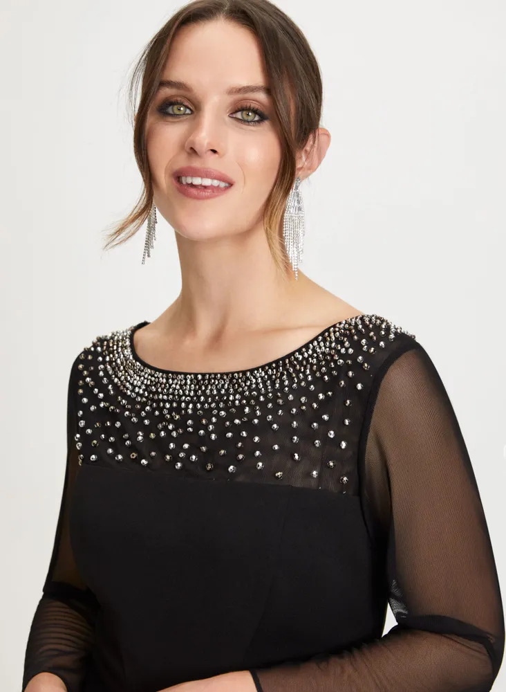 Beaded Neckline Mesh Sleeve Dress