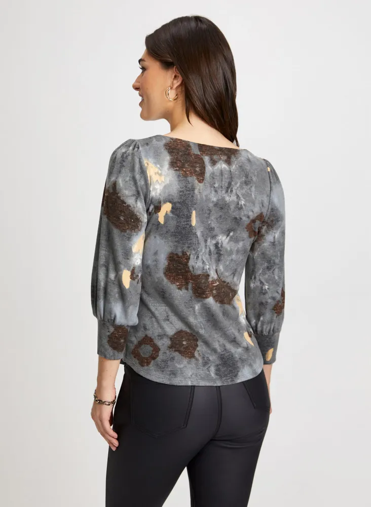 Marble Motif Bouffant Sleeve Top