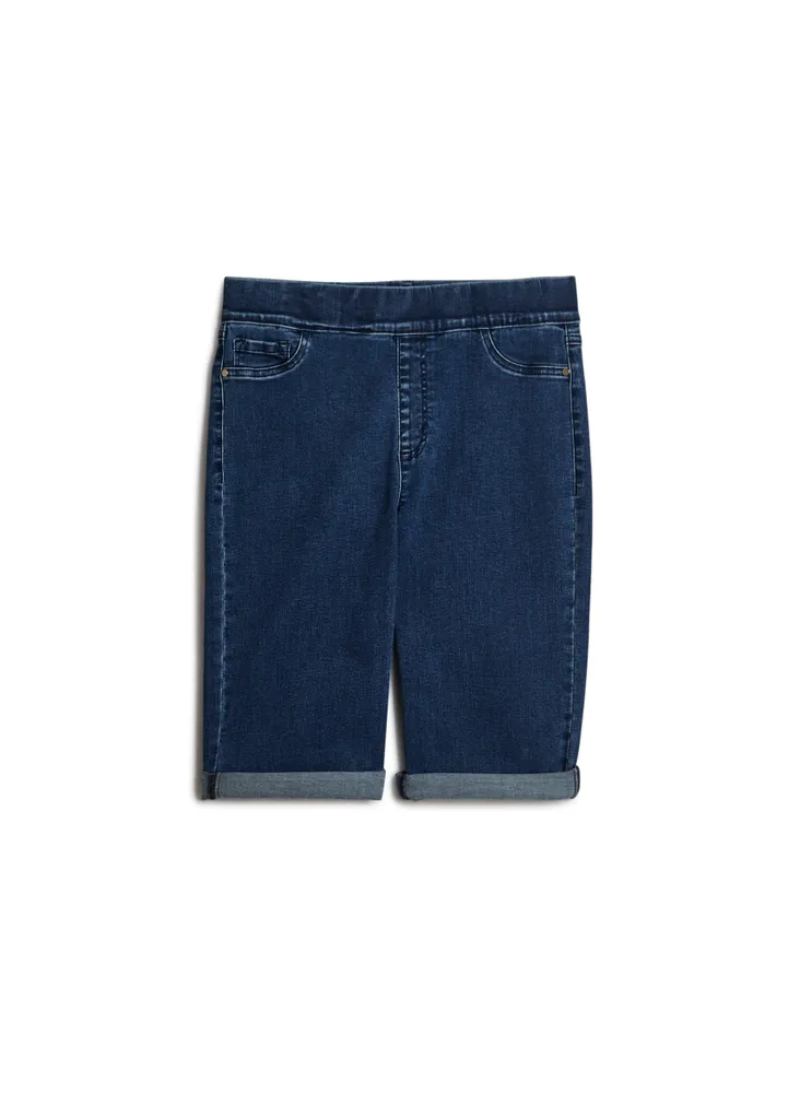 Embroidered Pocket Pull-On Denim Shorts