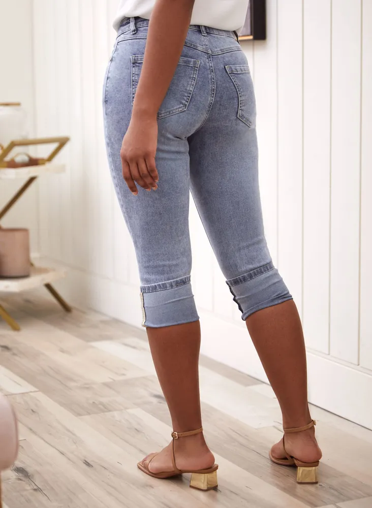 Rhinestone Detail Cuffed Denim Capris