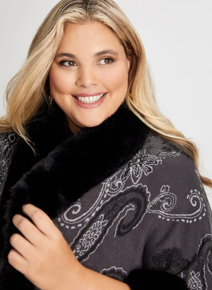 Paisley Print Faux Fur Poncho