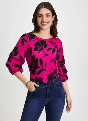 Pinched Sleeve Floral Print Top