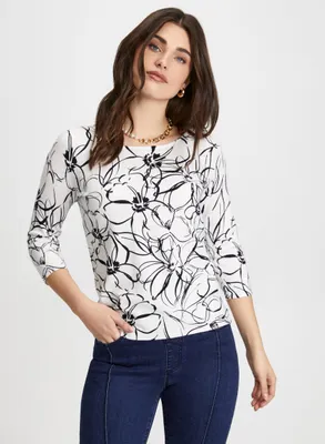 3/4 Sleeve Floral Print Sweater