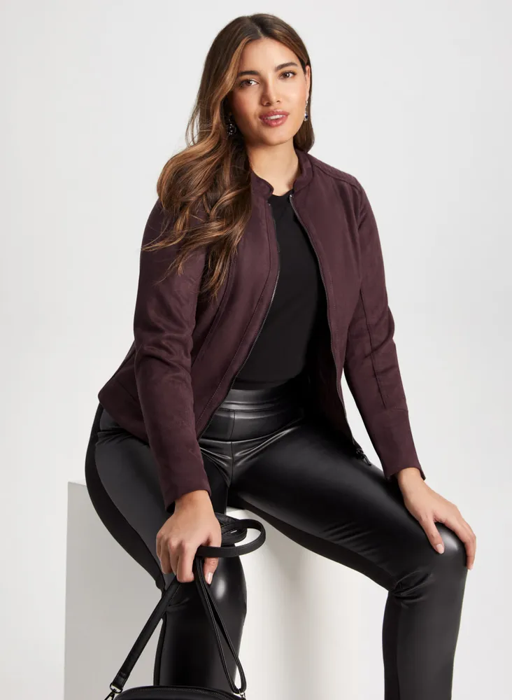 burgundy leggings and leather jacket