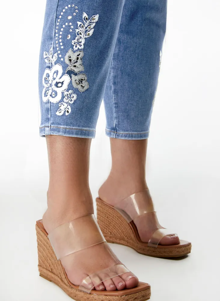 Embroidered Slim Leg Denim Capris