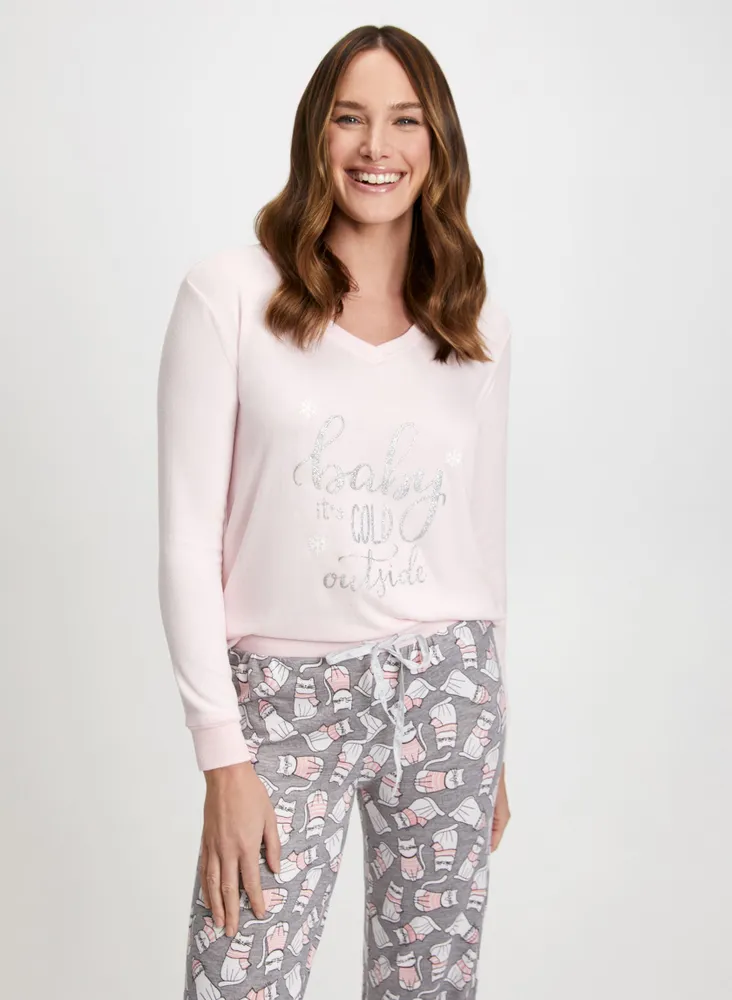 Slogan & Cat Motif Pyjama Set