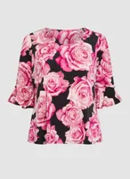 Rose Print 3/4 Sleeve Top