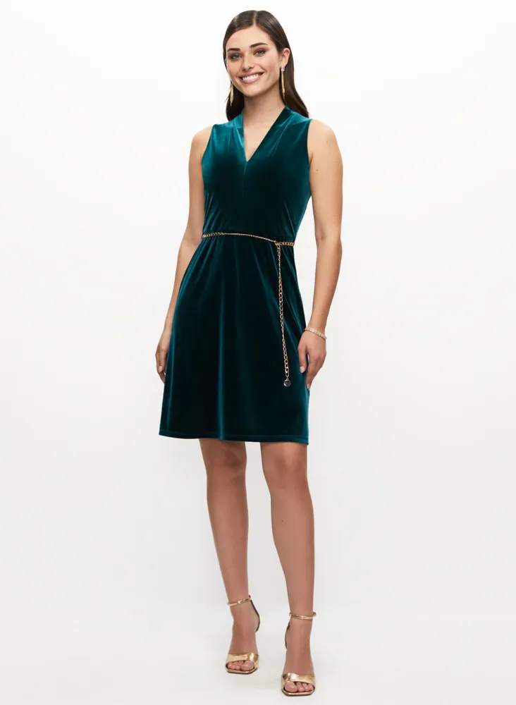 Stretch Velvet Chain Belt Dress