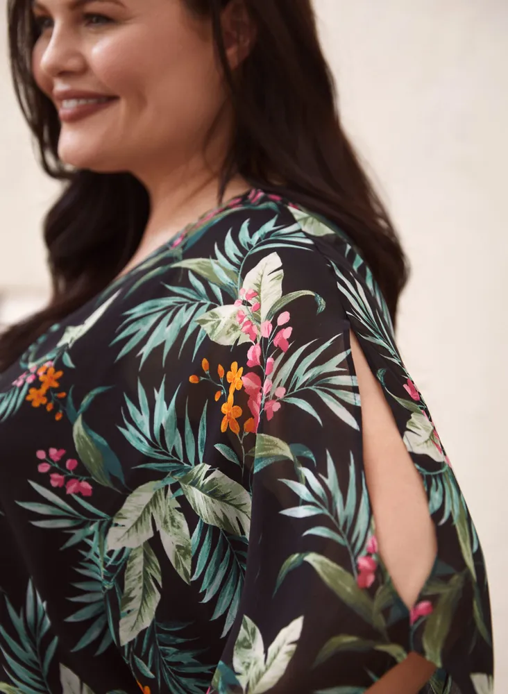 Tropical Print Chiffon Poncho Top