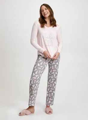 Slogan & Cat Motif Pyjama Set