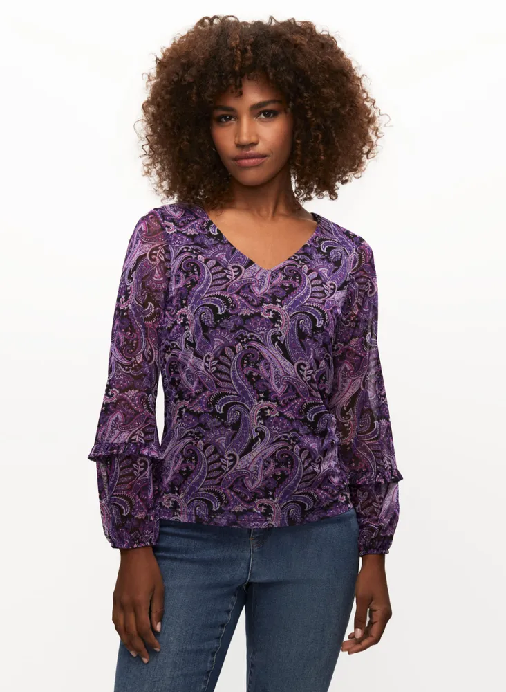 Paisley Print V-Neck Mesh Top