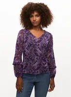 Paisley Print V-Neck Mesh Top