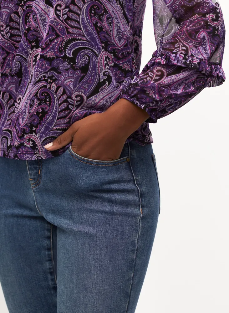 Paisley Print V-Neck Mesh Top