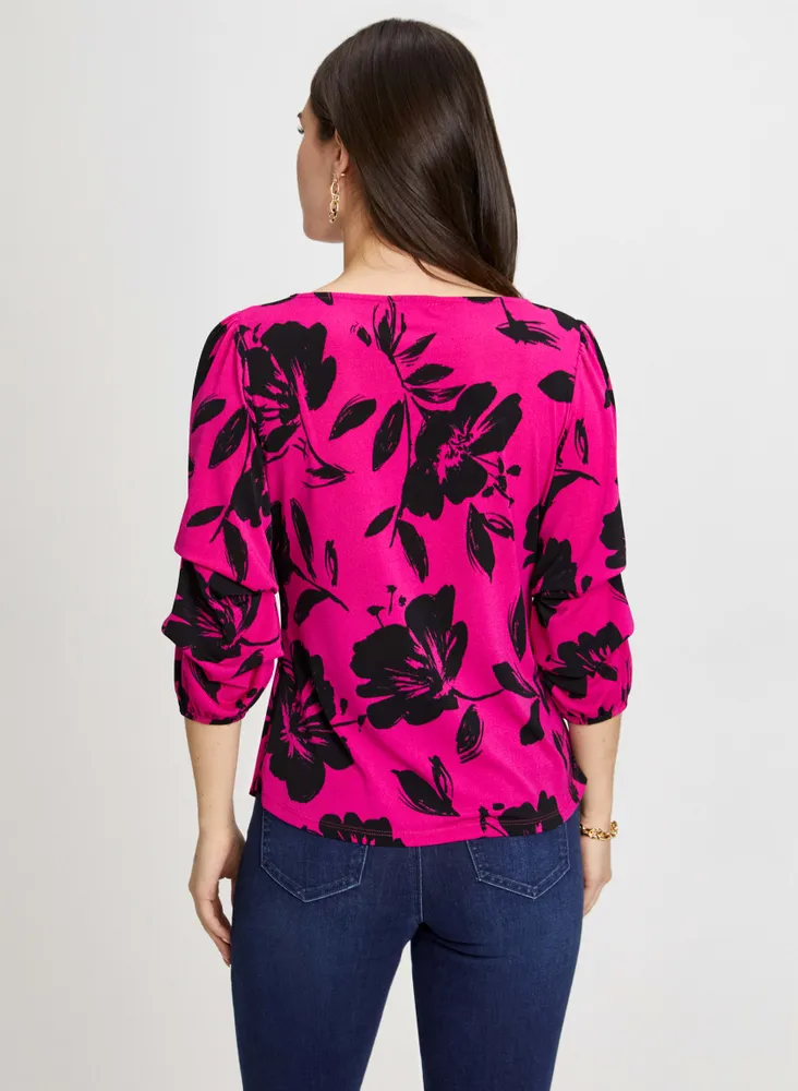 Pinched Sleeve Floral Print Top