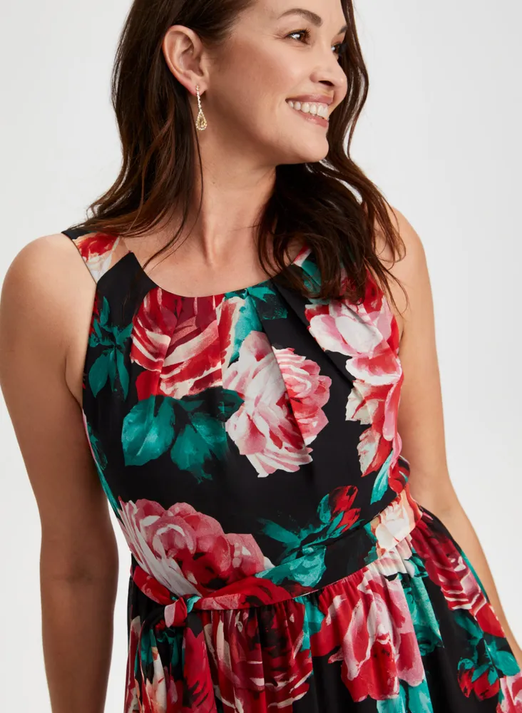 Rose Print High-Low Midi Dress