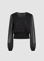 Sequin Detail Mesh Sleeve Top